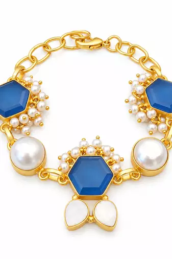 Certified natural freshwater pearls jewellery gold-toned blue hexagon stone & pearl chain bracelet