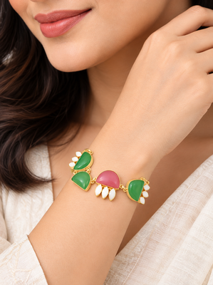 Certified natural freshwater pearls jewellery gold-toned green & pink stone charm chain bracelet 1