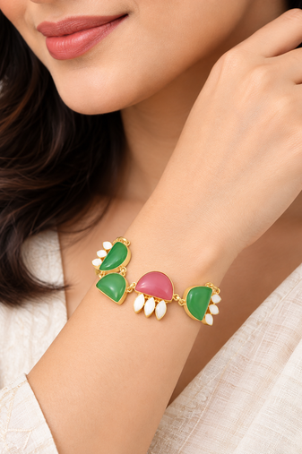 Certified natural freshwater pearls jewellery gold-toned green & pink stone charm chain bracelet