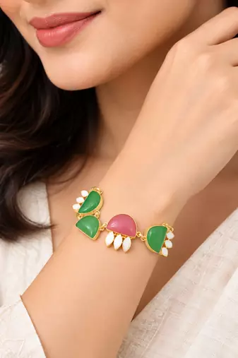 Certified natural freshwater pearls jewellery gold-toned green & pink stone charm chain bracelet