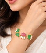 Certified natural freshwater pearls jewellery gold-toned green & pink stone charm chain bracelet