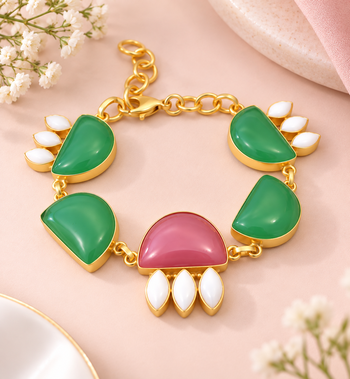 Certified natural freshwater pearls jewellery gold-toned green & pink stone charm chain bracelet 2
