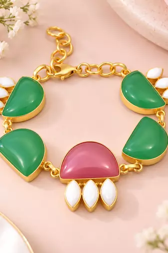 Certified natural freshwater pearls jewellery gold-toned green & pink stone charm chain bracelet