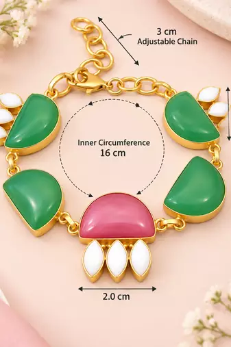 Certified natural freshwater pearls jewellery gold-toned green & pink stone charm chain bracelet