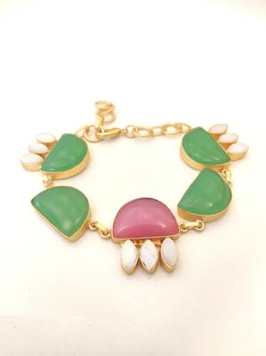 Certified natural freshwater pearls jewellery gold-toned green & pink stone charm chain bracelet 4