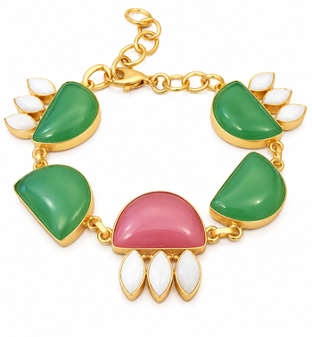 Certified natural freshwater pearls jewellery gold-toned green & pink stone charm chain bracelet 5