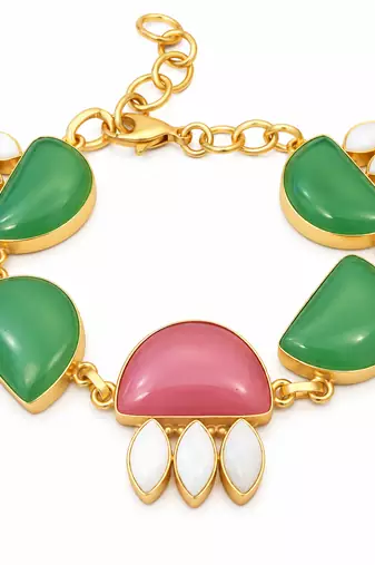 Certified natural freshwater pearls jewellery gold-toned green & pink stone charm chain bracelet