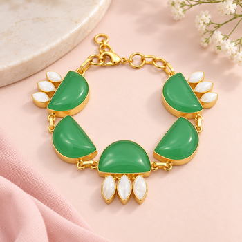 Certified natural freshwater pearls jewellery green stone & mother of pearl gold-tone chain bracelet 2