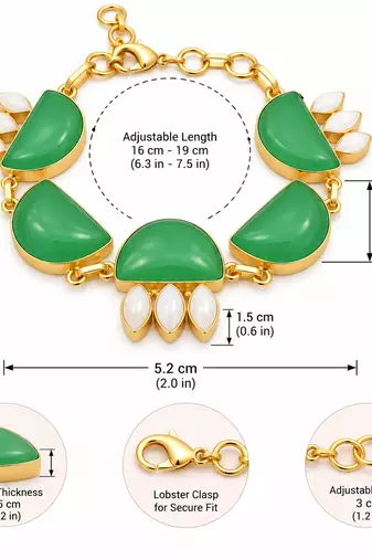 Certified natural freshwater pearls jewellery green stone & mother of pearl gold-tone chain bracelet