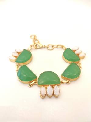 Certified natural freshwater pearls jewellery green stone & mother of pearl gold-tone chain bracelet 4