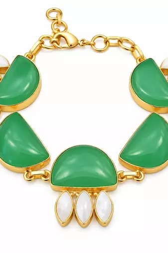 Certified natural freshwater pearls jewellery green stone & mother of pearl gold-tone chain bracelet