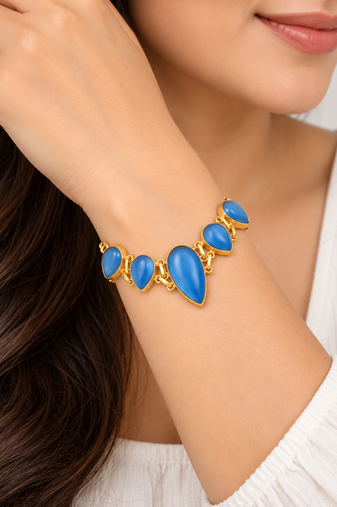 Certified natural freshwater pearls jewellery blue teardrop stone gold-tone chain link bracelet for women