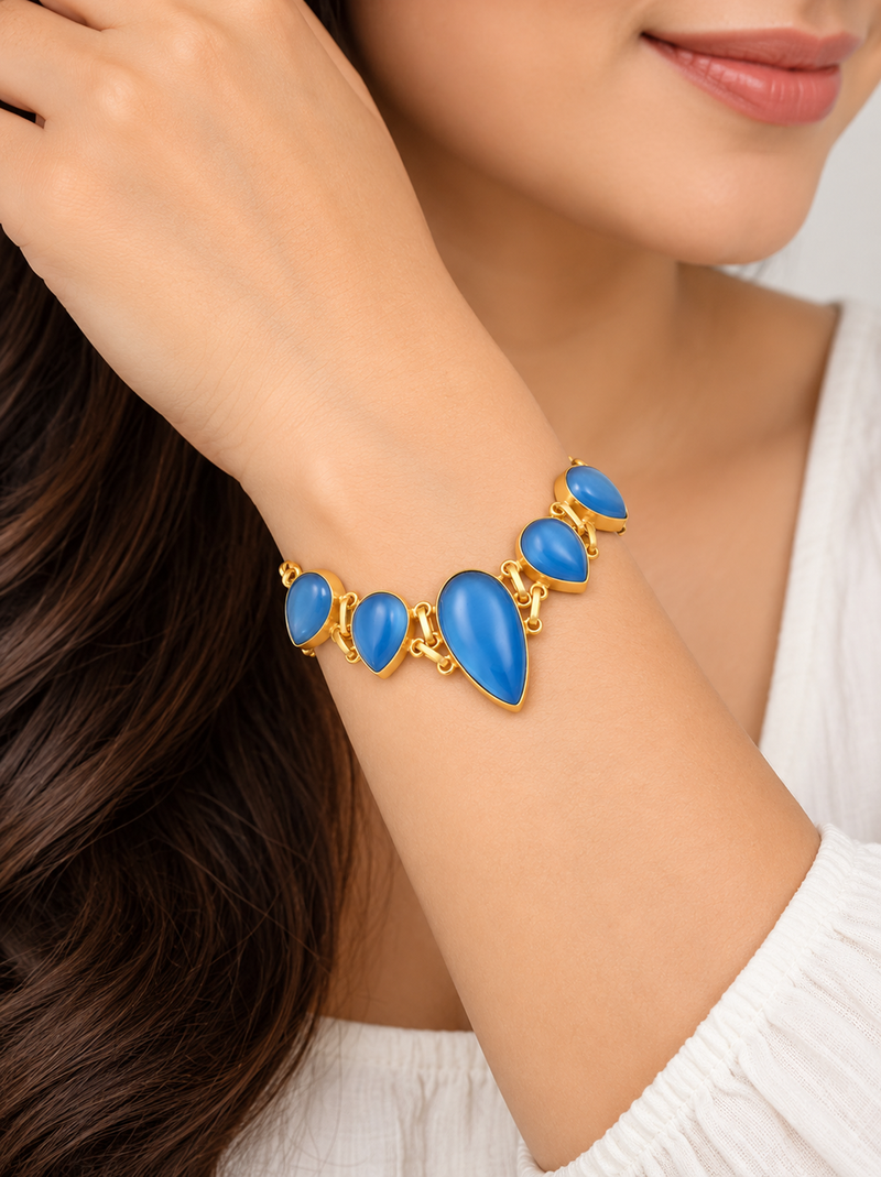 Certified natural freshwater pearls jewellery blue teardrop stone gold-tone chain link bracelet for women