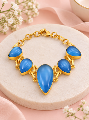 Certified natural freshwater pearls jewellery blue teardrop stone gold-tone chain link bracelet for women 2