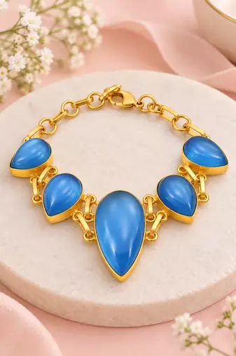 Certified natural freshwater pearls jewellery blue teardrop stone gold-tone chain link bracelet for women
