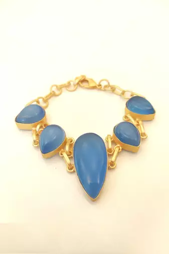 Certified natural freshwater pearls jewellery blue teardrop stone gold-tone chain link bracelet for women