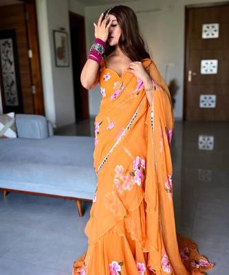 Bollywood style yellow ready to wear lehenga saree with blouse 3
