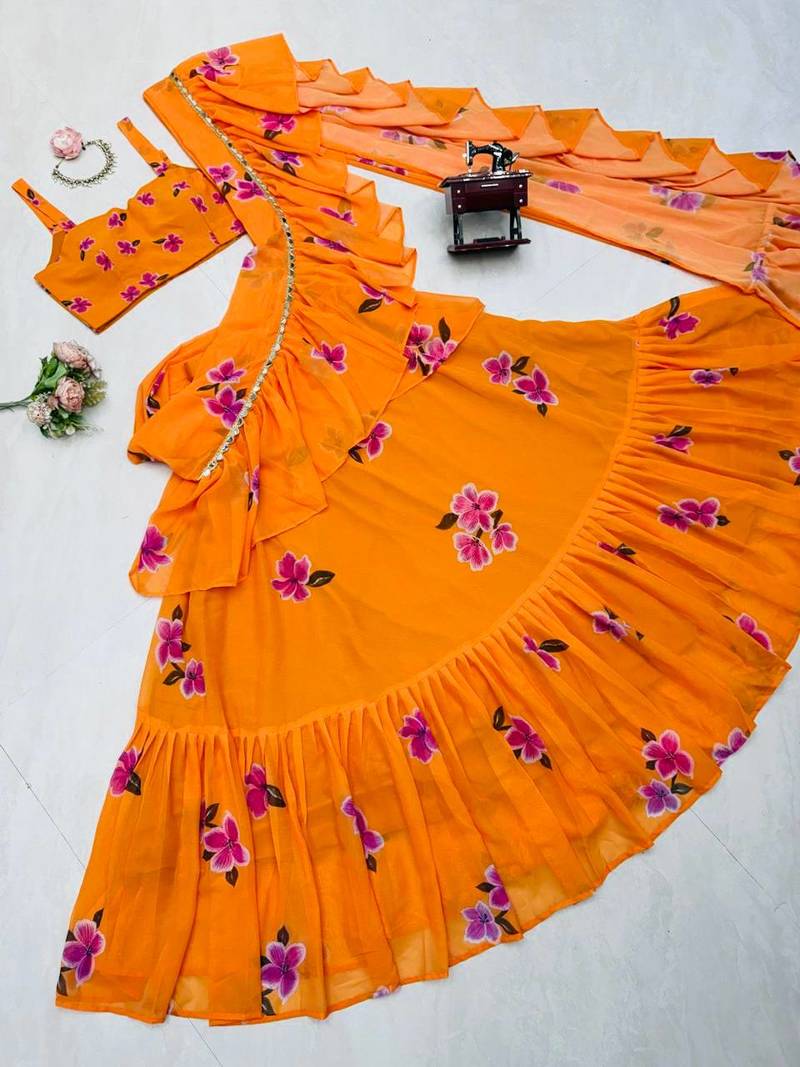 Bollywood style yellow ready to wear lehenga saree with blouse
