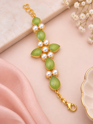 Certified natural freshwater pearls jewellery green stone & pearl gold-tone floral link bracelet for women 2