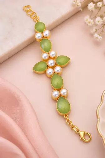 Certified natural freshwater pearls jewellery green stone & pearl gold-tone floral link bracelet for women