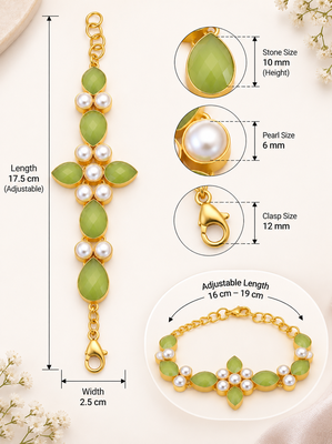 Certified natural freshwater pearls jewellery green stone & pearl gold-tone floral link bracelet for women 3