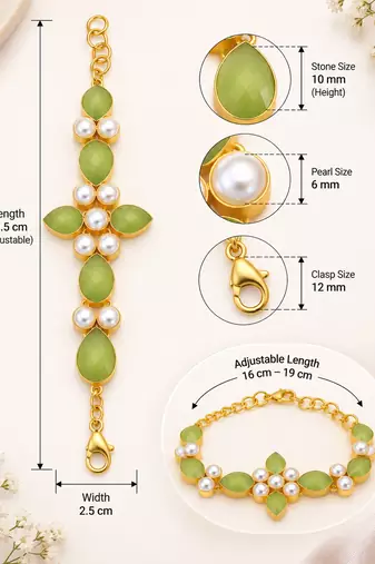 Certified natural freshwater pearls jewellery green stone & pearl gold-tone floral link bracelet for women