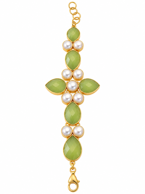 Certified natural freshwater pearls jewellery green stone & pearl gold-tone floral link bracelet for women 5