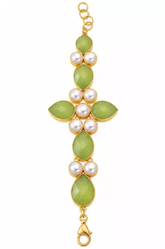 Certified natural freshwater pearls jewellery green stone & pearl gold-tone floral link bracelet for women