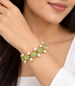 Certified natural freshwater pearls jewellery green stone & pearl gold-tone chain bracelet for women