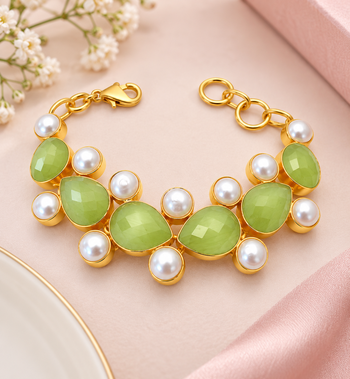 Certified natural freshwater pearls jewellery green stone & pearl gold-tone chain bracelet for women 2