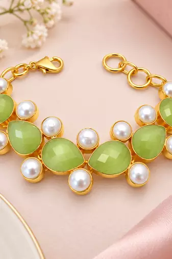 Certified natural freshwater pearls jewellery green stone & pearl gold-tone chain bracelet for women