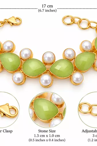 Certified natural freshwater pearls jewellery green stone & pearl gold-tone chain bracelet for women