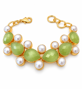 Certified natural freshwater pearls jewellery green stone & pearl gold-tone chain bracelet for women 5