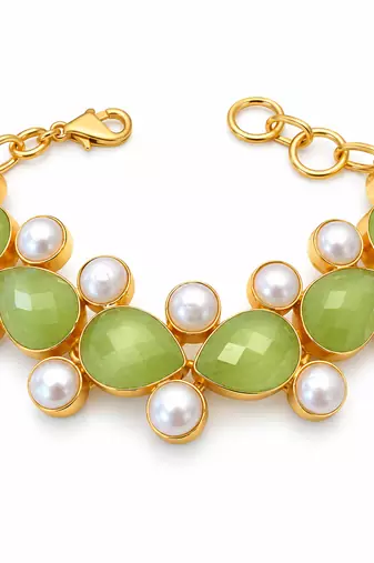Certified natural freshwater pearls jewellery green stone & pearl gold-tone chain bracelet for women