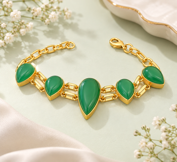 Certified natural freshwater pearls jewellery green stone teardrop chain bracelet with gold-tone setting 2