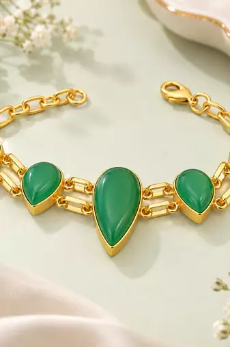 Certified natural freshwater pearls jewellery green stone teardrop chain bracelet with gold-tone setting