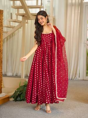 Maroon jacquard ethnic wear anarkali set with dupatta 1