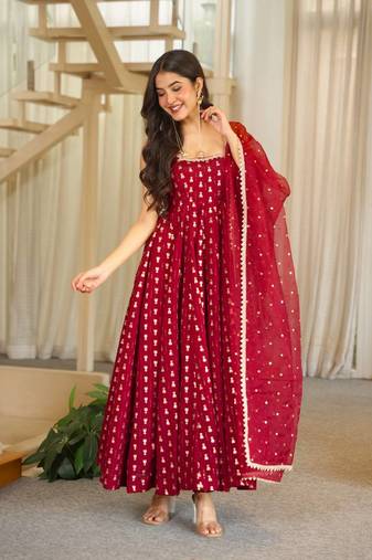Maroon jacquard ethnic wear anarkali set with dupatta