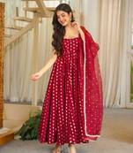 Maroon jacquard ethnic wear anarkali set with dupatta