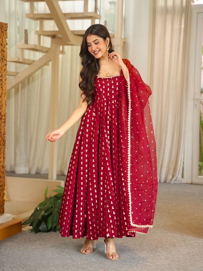 Maroon jacquard ethnic wear anarkali set with dupatta