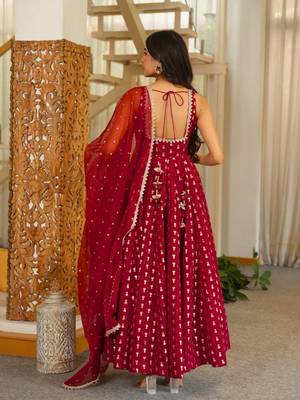 Maroon jacquard ethnic wear anarkali set with dupatta 2