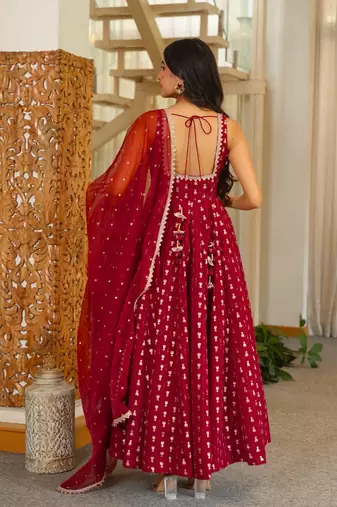 Maroon jacquard ethnic wear anarkali set with dupatta