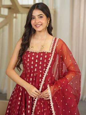 Maroon jacquard ethnic wear anarkali set with dupatta 3
