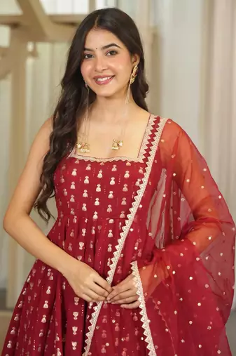 Maroon jacquard ethnic wear anarkali set with dupatta
