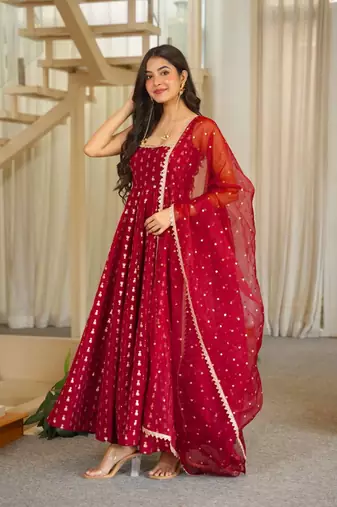 Maroon jacquard ethnic wear anarkali set with dupatta