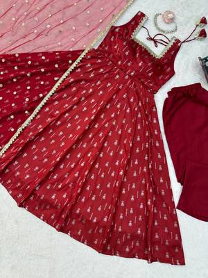 Maroon jacquard ethnic wear anarkali set with dupatta 5