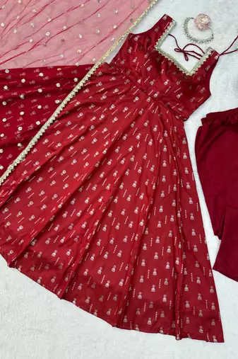 Maroon jacquard ethnic wear anarkali set with dupatta