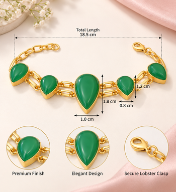 Certified natural freshwater pearls jewellery green stone teardrop chain bracelet with gold-tone setting 3