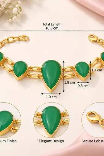 Certified natural freshwater pearls jewellery green stone teardrop chain bracelet with gold-tone setting