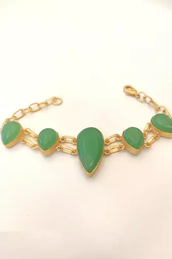 Certified natural freshwater pearls jewellery green stone teardrop chain bracelet with gold-tone setting